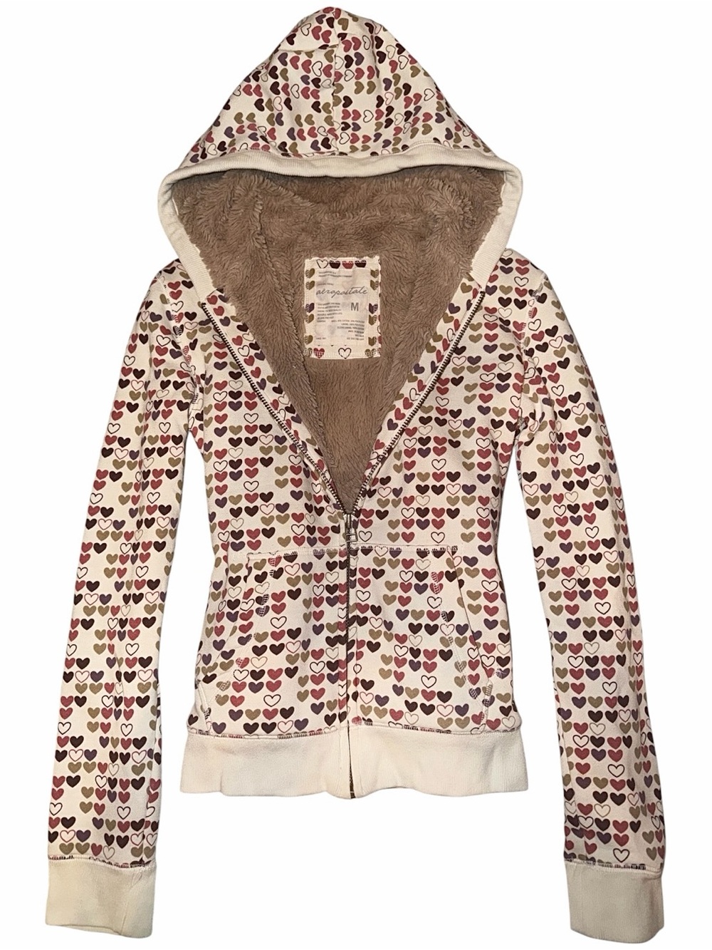Y2K Aeropostale Fur Hood Lined Heart Print Zip Up Hoodie
